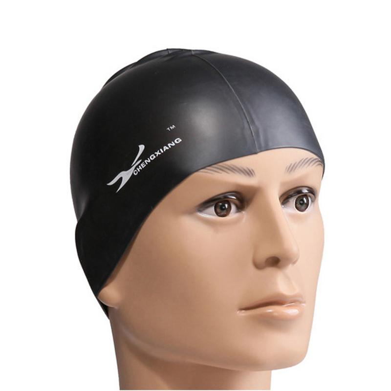 Elastisk silikone vandtæt svømning hætter beskytte ører langt hår sport svømme pool hat til mænd og kvinder voksne: Sort