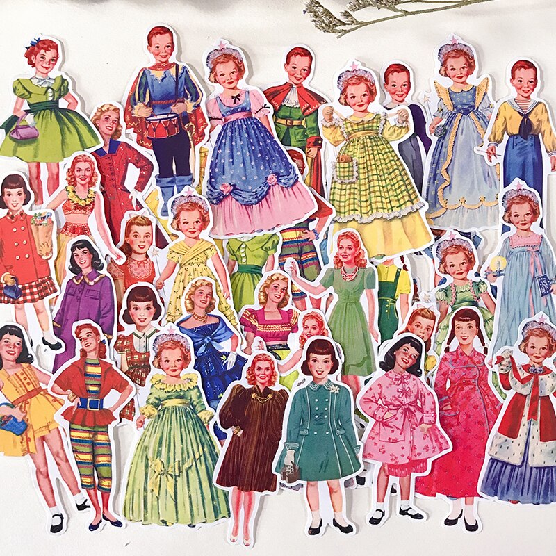 36 pcs Retro paper doll cute girl boy princess stickers for Home decor on laptop decal fridge skateboard doodle toy sticker