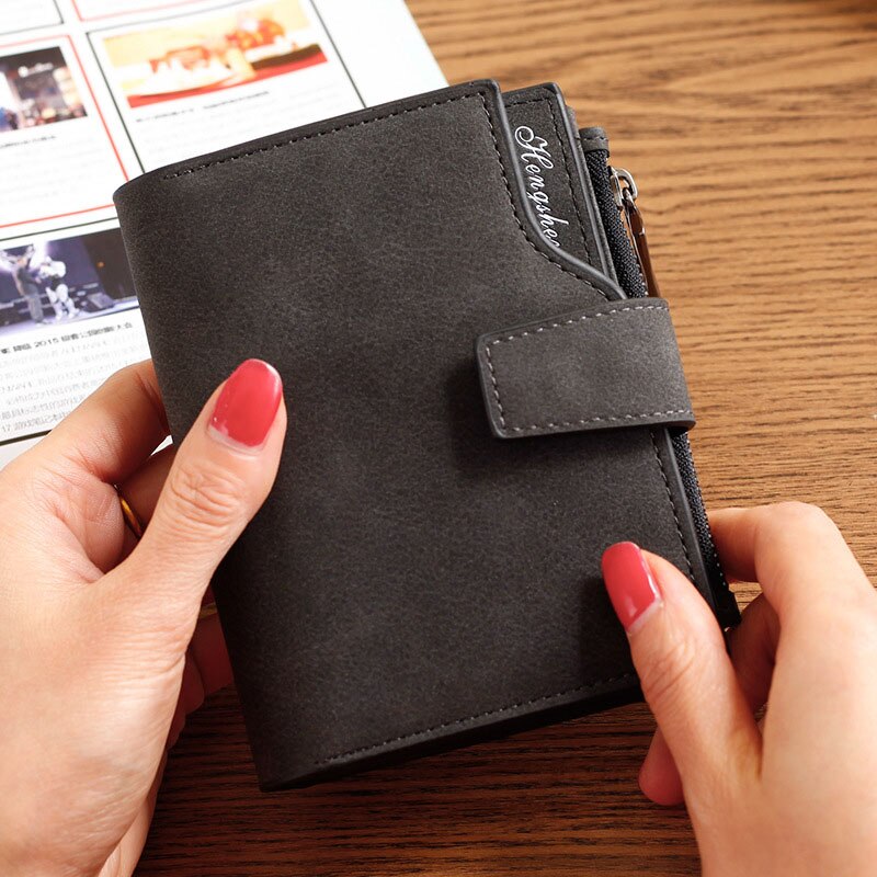 Carteira curta feminina vintage couro plutônio pequena bolsa com zíper titular do cartão moeda bolso xin-grátis: Black