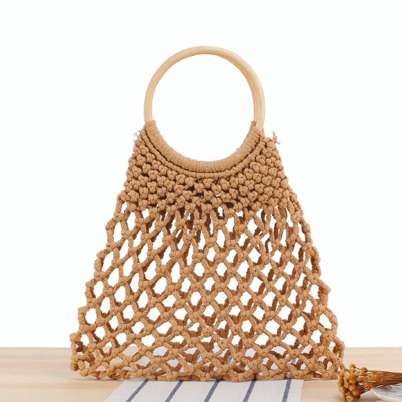 Hollow Out Katoen Strand Tas Dames Handtassen Bohemian Houten Handvat Reizen Tote Grote Capaciteit Visnet Vrouwen Boodschappentas w344