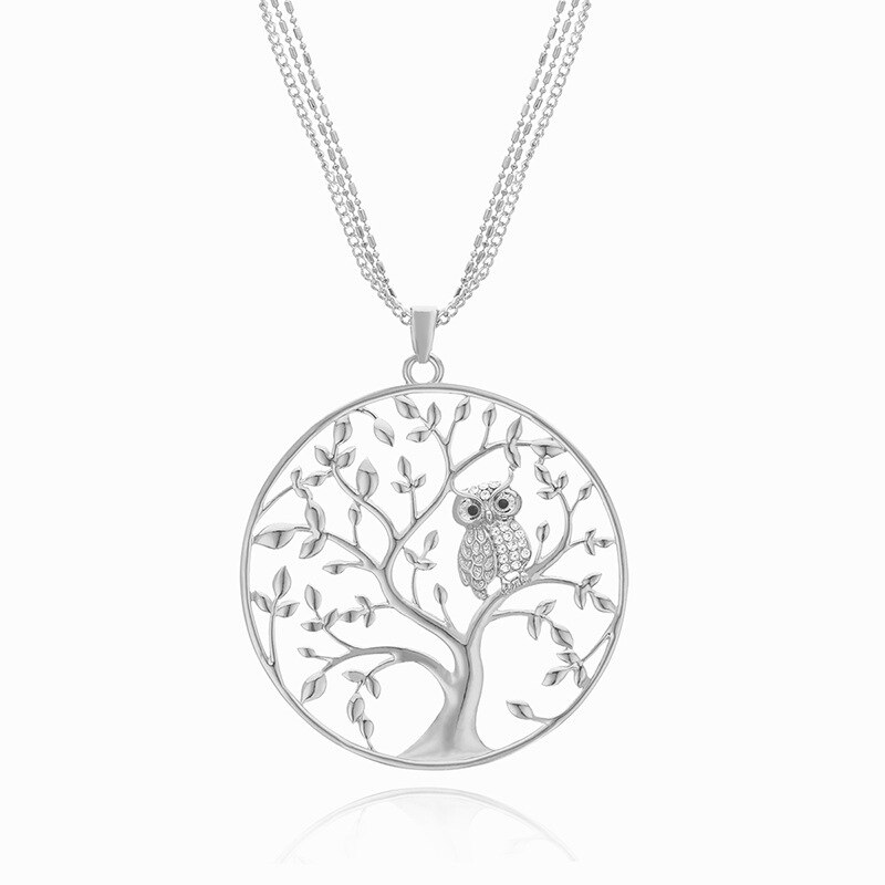 Gold Tree of life Owl Necklace Big Round Pendant Long Chains Sweater Necklace For Women Statement Jewelry Classic Collier: Silver