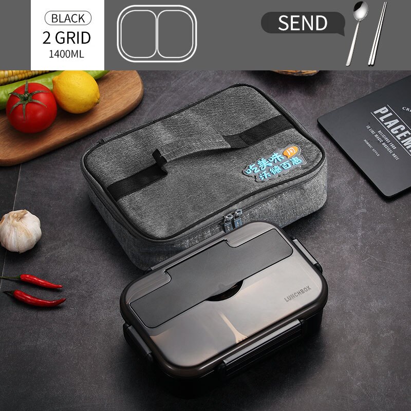 WORTHBUY fiambrera japonesa para niños con compartimentos, caja Bento de acero inoxidable 304 para niños, caja contenedora de alimentos con vajilla: 2 Grid Black And Bag