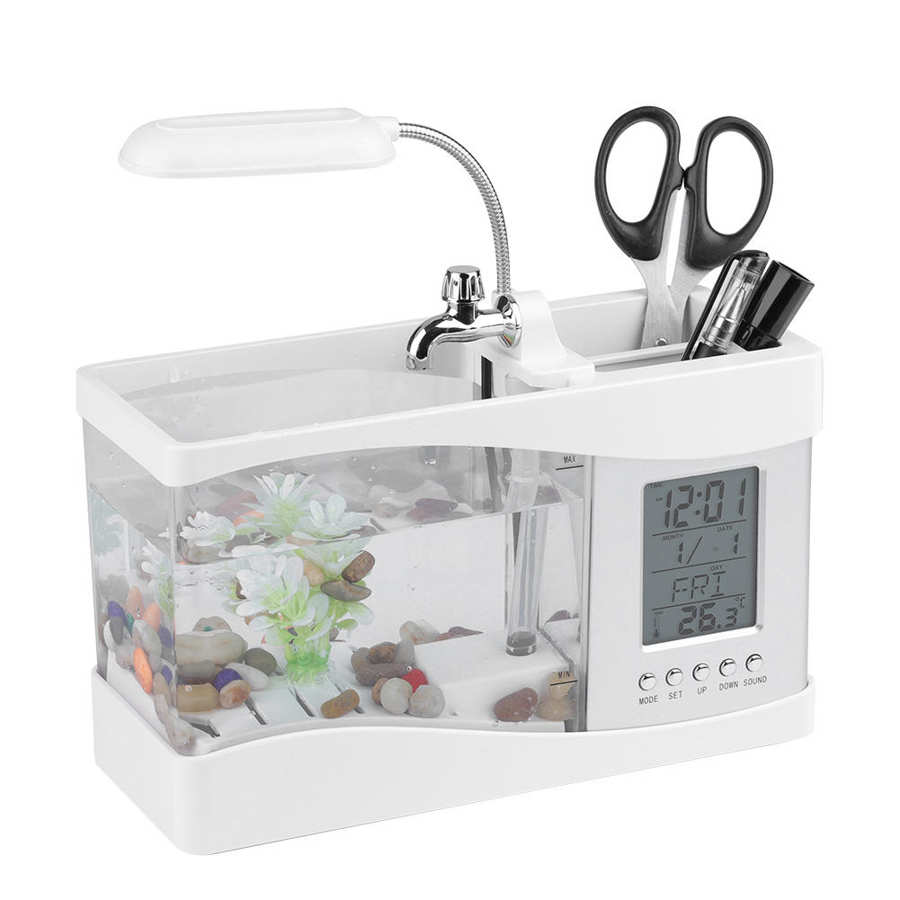 Mini Aquarium de bureau avec écran LCD et horloge, Mini USB, réservoir de poissons, Beta, décoration avec galets