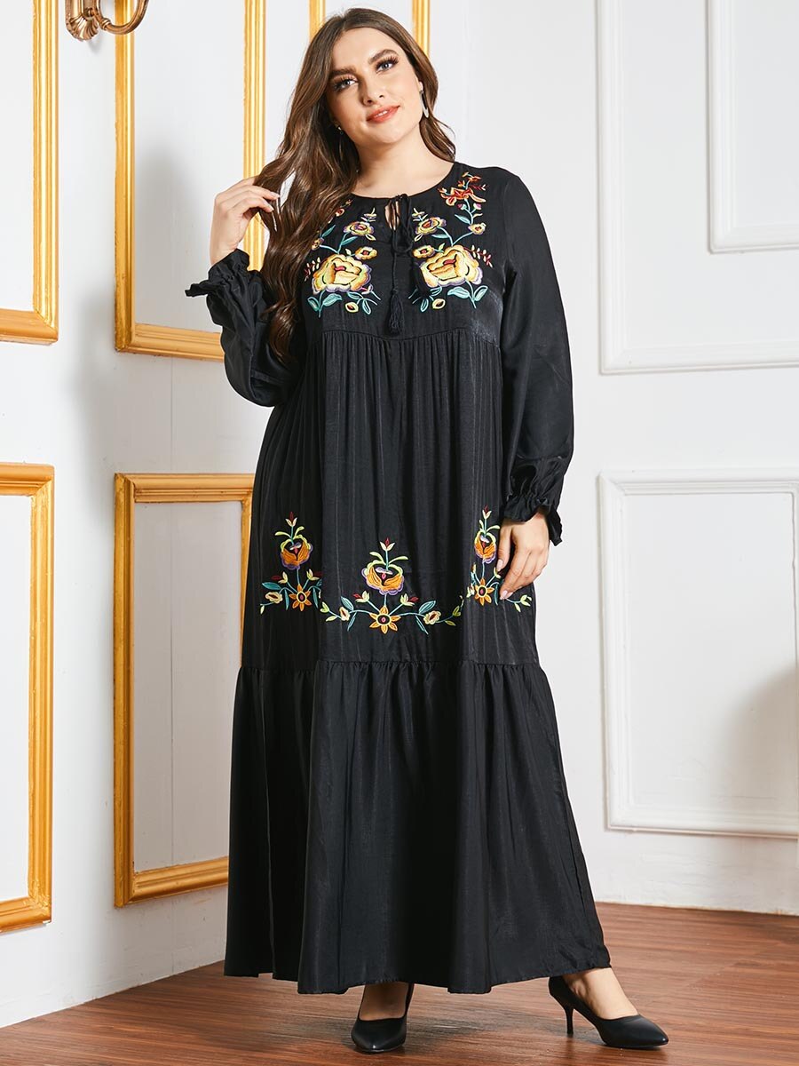 Women Floral printed Muslim Long Dress Long Sleeve Floor Length Evening Party Islamic Dress
