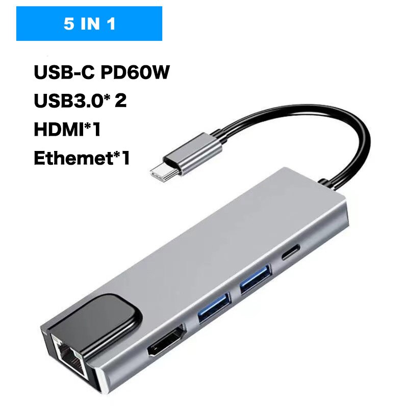 Usb C Hub Multipoort Adapter Met USB3.0 Pd Charger 4Khdmi RJ45 Ethernet Netwerk Adapter Voor Macbook Pro & Type C Windows Laptops: 5in1 rj45 100M
