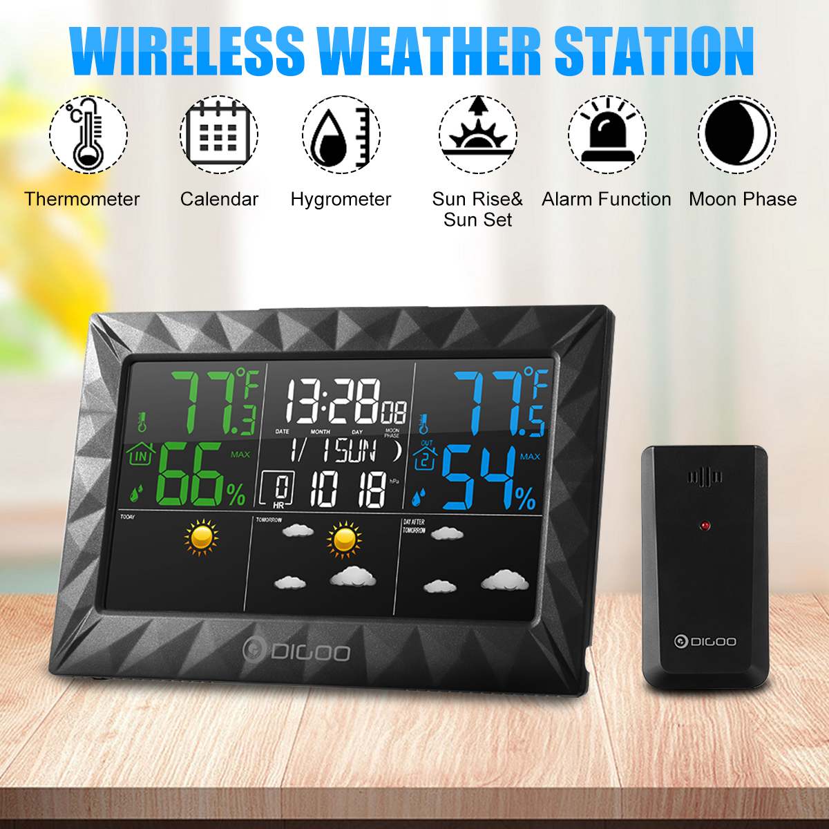 DIGOO DG-8270A intérieur extérieur Station météo + 100m prévision capteur thermomètre hygromètre mètre calendrier 3CH rétro-éclairage