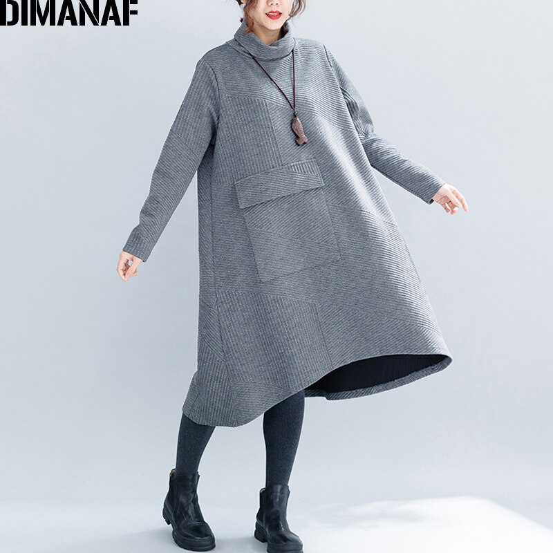 Dimanaf kvinner kjoler store størrelser vinter tykk bomull kvinnelige løse klær casual dame vestidos turtleneck stripete lommer kjole