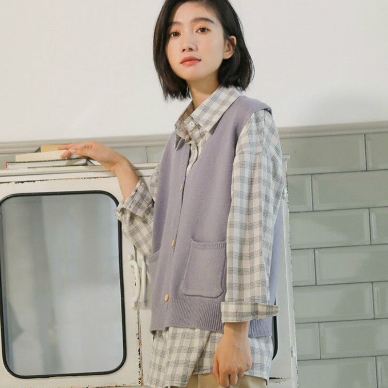 Sweater Vest Women Pocket Solid Simple Korean Knitted Open-stitch All-match Preppy Style Loose V-neck Sleeveless