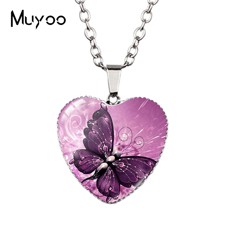 Landscape Animal Swans Butterflies Peacock Oil Painting Handcraft Heart Jewelry Pendant Necklace HZ3: Blue white zinc plated