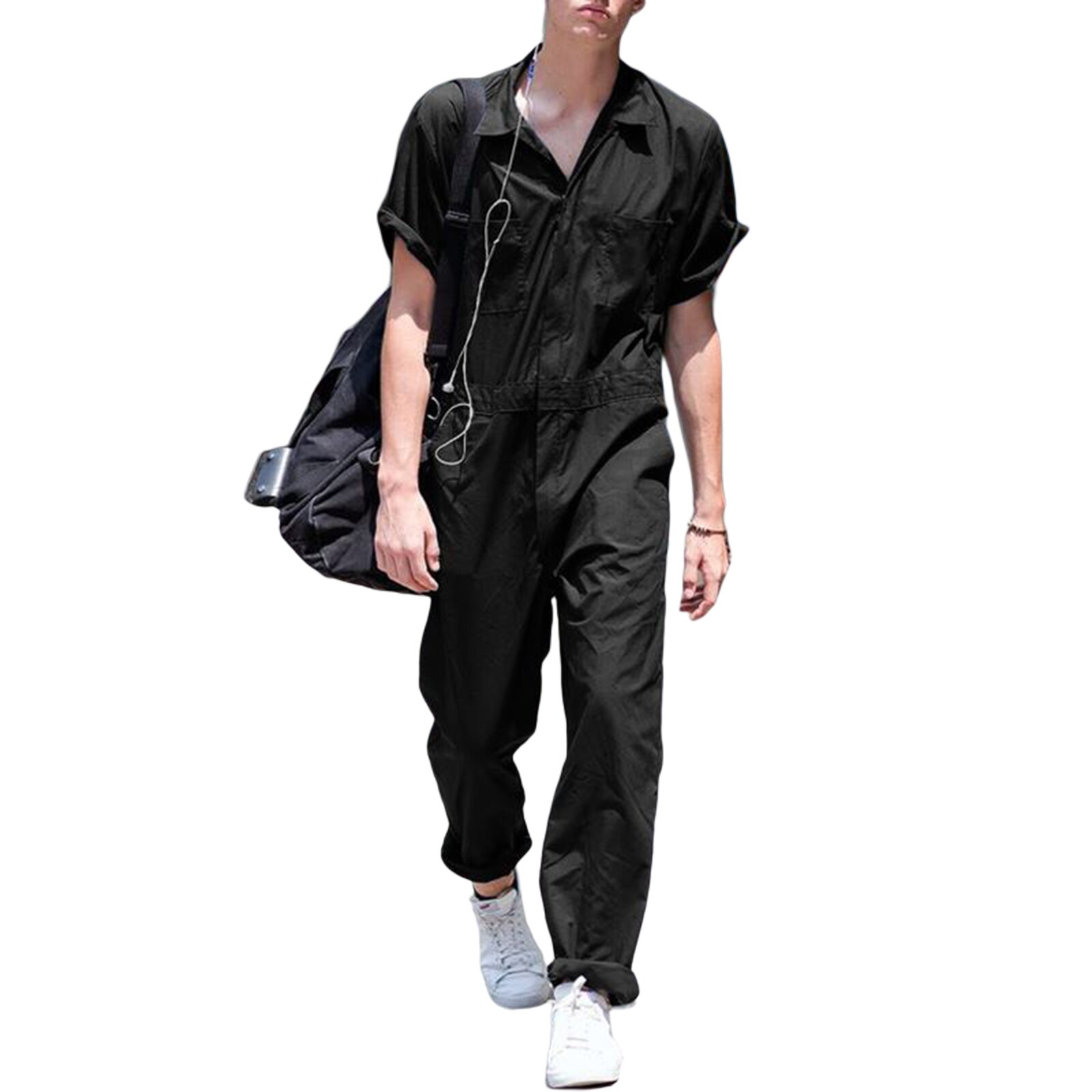 Mannen 'S Jumpsuit, Volwassenen Effen Kleur Turn-Down Kraag Korte Mouw Romper Playsuit Voor Zomer Herfst: M / Black