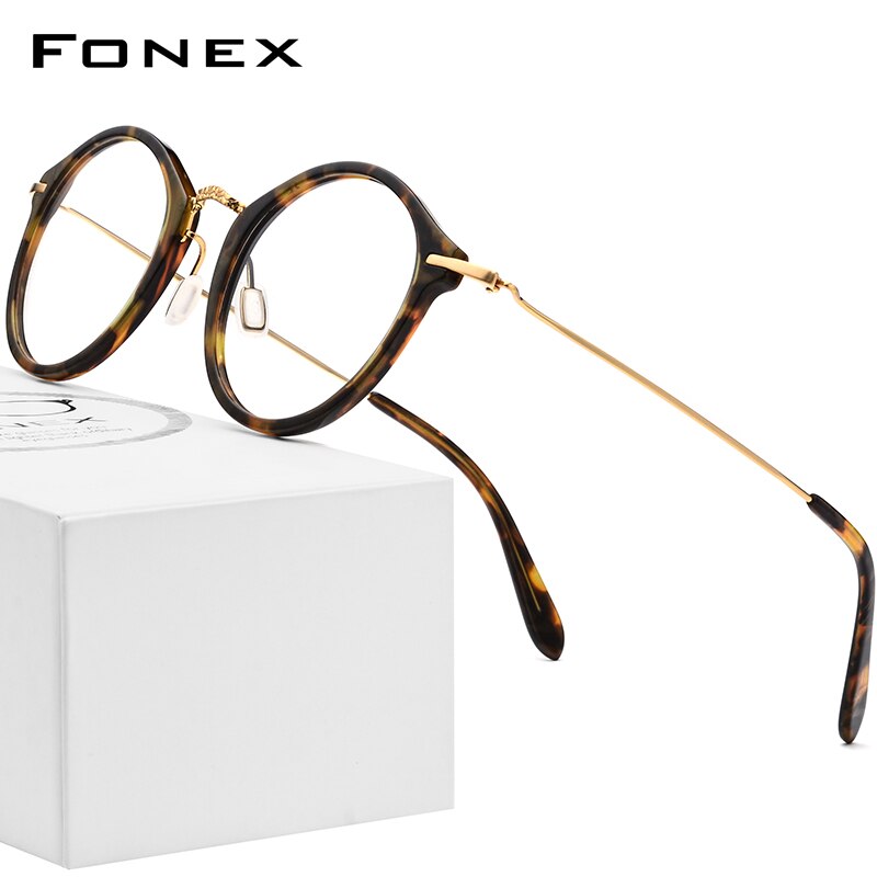 Monture de lunettes optiques fonex b en titane pour femmes, lunettes de vue rondes vintage pour hommes, lunettes en acétate pour myopie , 852: Léopard jaune