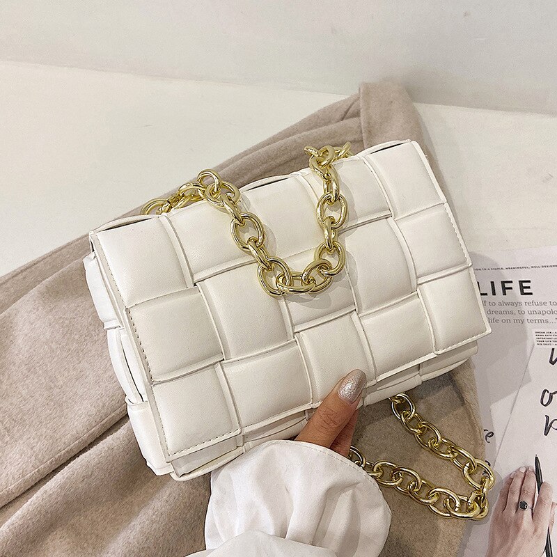 Weave Flap Women Shoulder Bag Solid Color PU Leather Crossbody Bags Female Messenger Handbag Purse: White