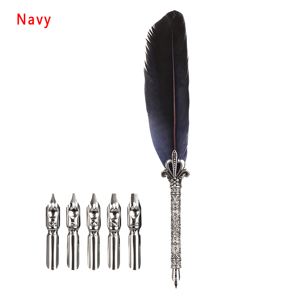 1Set Feder Dip Brunnen Stift Chancery Quill Türkei Schrägen Stifte + 5 stücke Nib Geschnitzte Metall für Phantasie Kalligraphie vintage Stift: Navy Blau