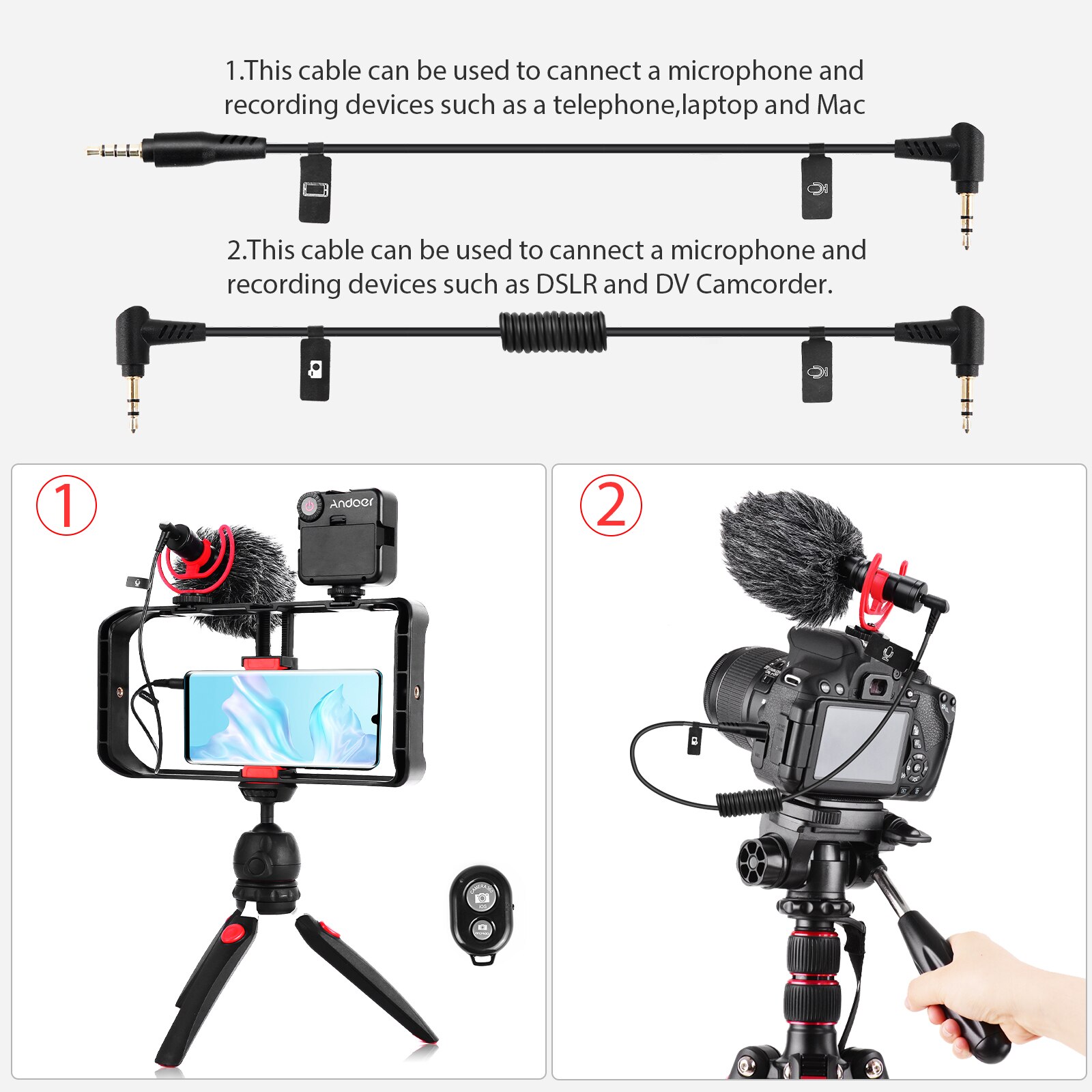 Andoer Kit Video Rig per Smartphone con gabbia per Smartphone con 3 supporti per scarpe fredde + Mini luci Video a LED + microfono con supporto antiurto