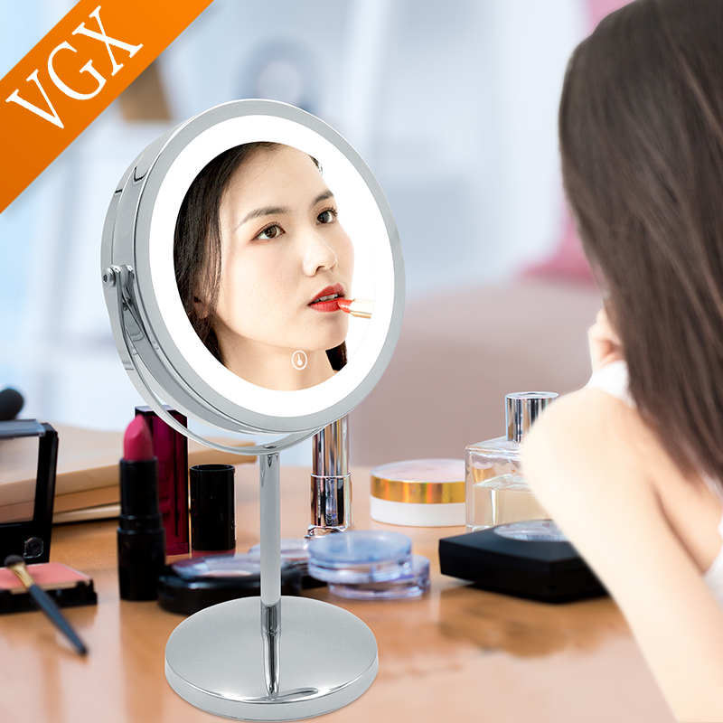 Vgx Badkamer Led Make-Up Spiegel Slaapkamer 8 Inch Desktop Ijdelheid Cosmetische Spiegels Vergrootglas 5x Dubbele Kant Ronde Chrome J212