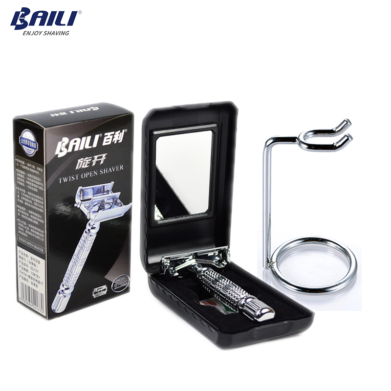 BAILI Men's Barber Butterfly Open Head Safety Shaving Blade Razor Stainless Double Edge Unscrew Zinc Alloy +Stand BD179