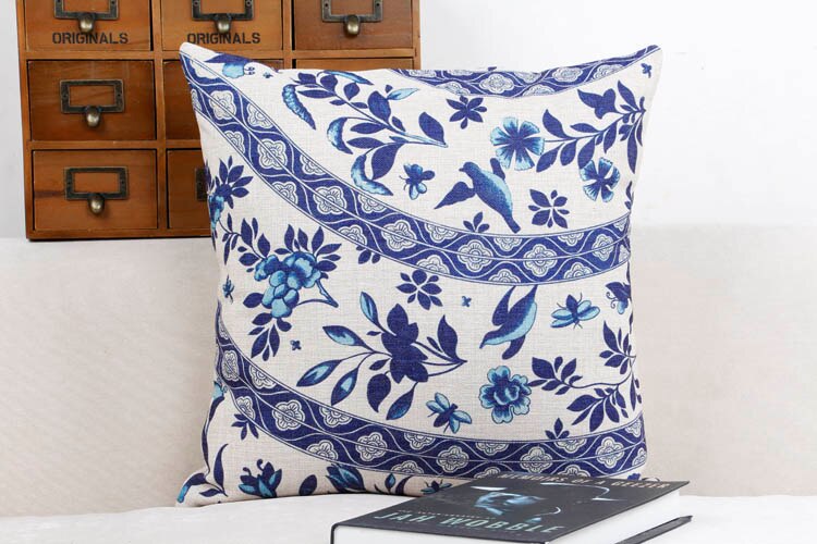Blå og hvid kina blomst boligindretning pude pude/pynte hør bomuld sofa puder/bil pyntepuder: C 45 x 45cm