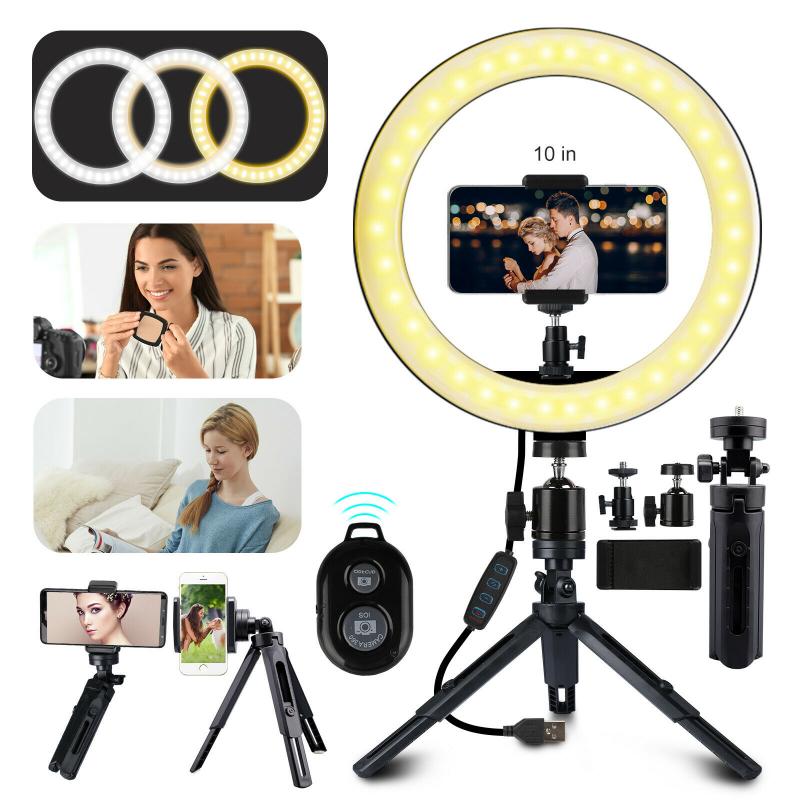 Anel de luz de led de 10 ", ajustável, com tripé, luz de anel de luz de selfie, lâmpada de anel de luz de led para fotografia, com suporte celular telefone celular