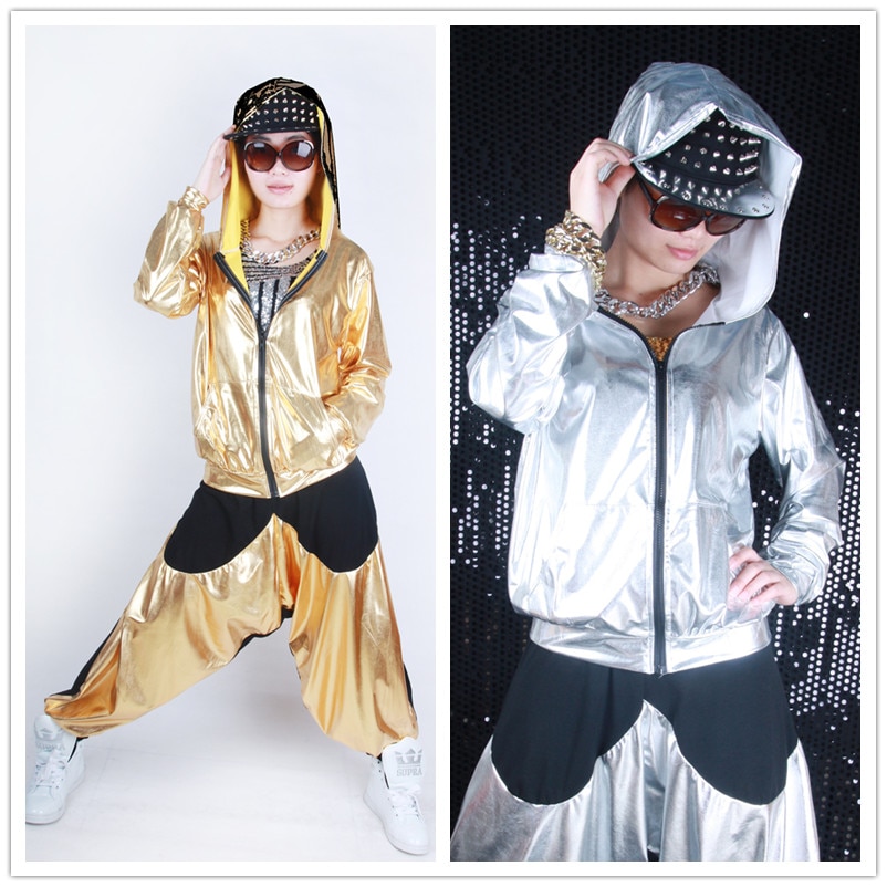 de chaquetas sueltas de baile con cremallera y empalme de jazz para mujeres y hombres, unisex, de color dorado y plateado, ropa de rendimiento superior brillante