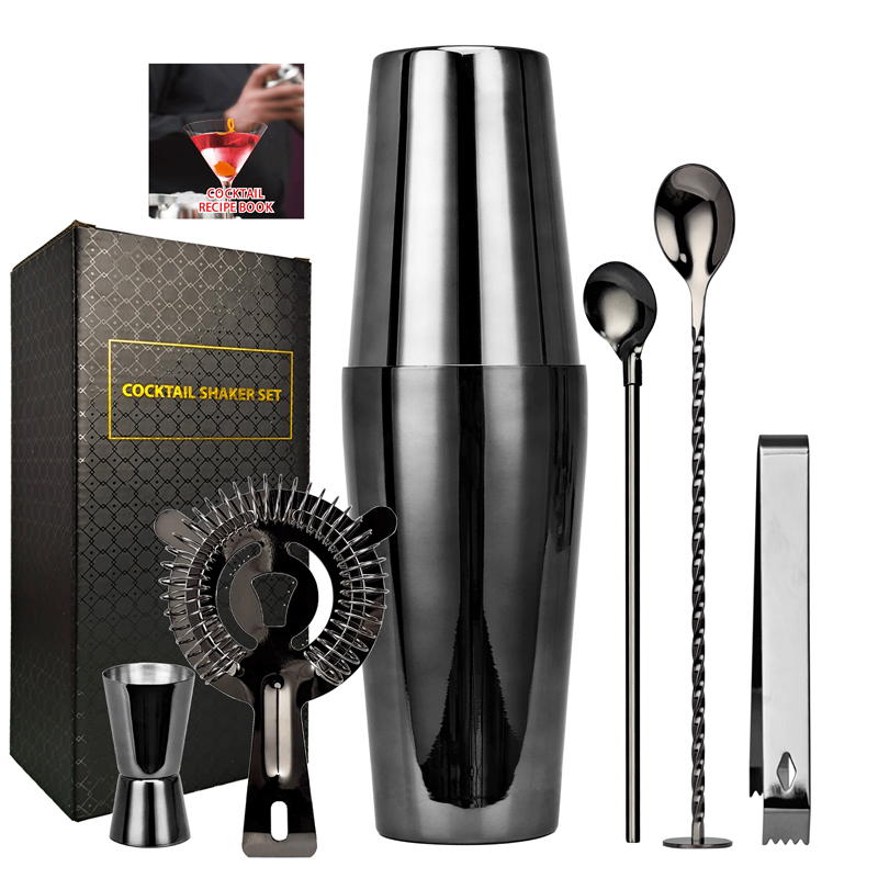 Ensemble de Shaker à Cocktail de Boston en or Rose, Kit de barman, pour boissons mixtes, outils de Bar à domicile Martini, pour débutants, 6 pièces: Black-Boston