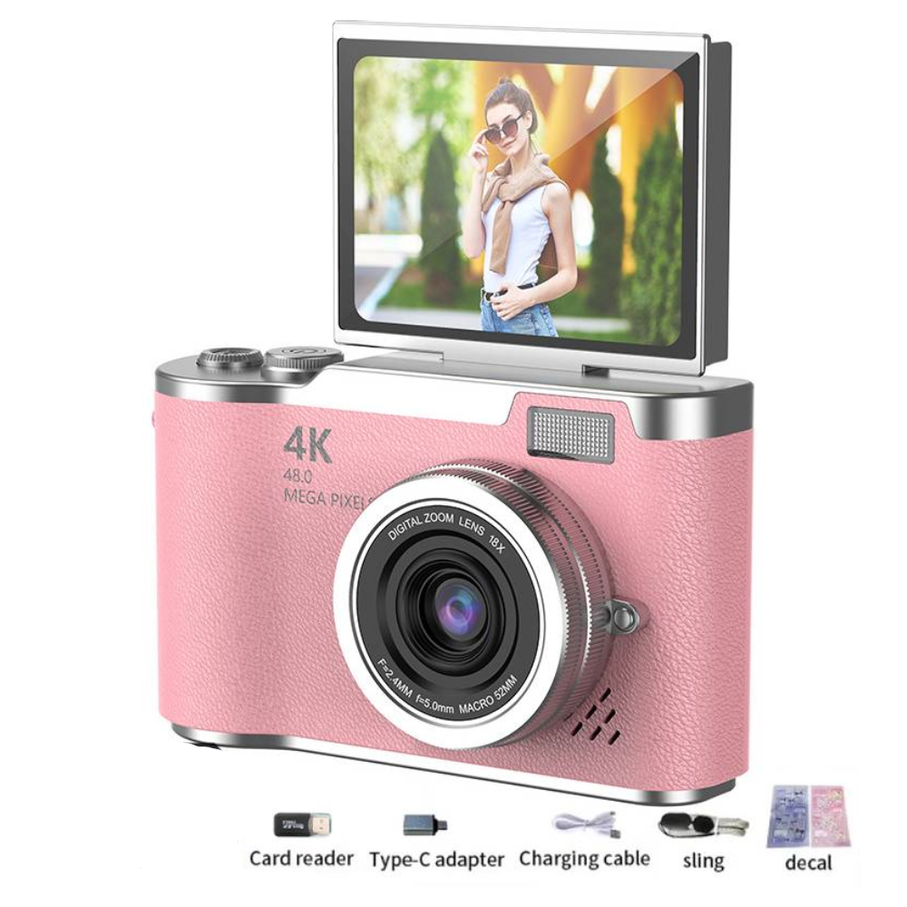 4K Digital Camera CCD 180° Flip Screen Selfie Camera 8X Digital Zoom 48MP Portable Digital Photography Camera with 32G Card: Silver