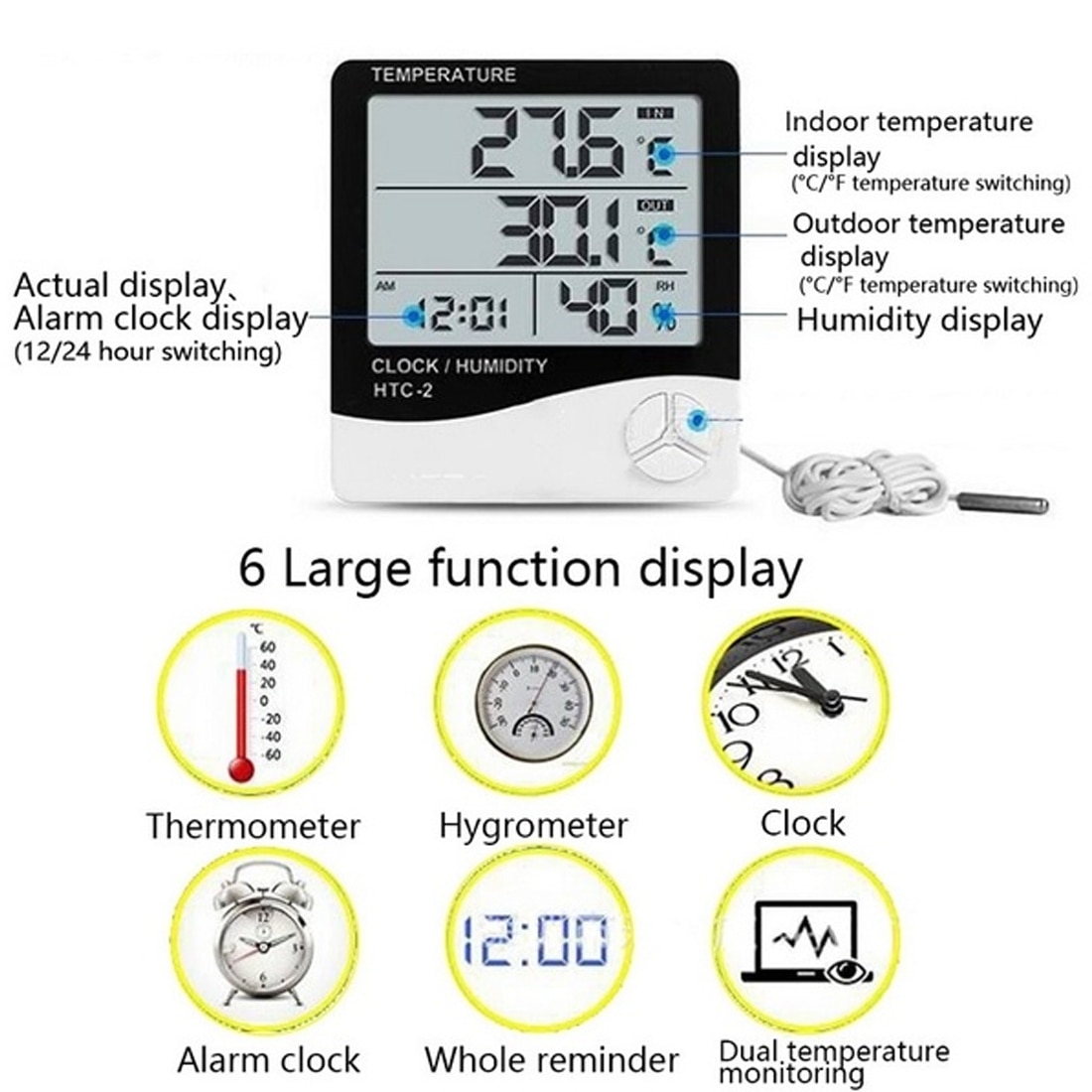 Portable LCD Digital Temperature Humidity Meter -1 /-2 Indoor Outdoor Hygrometer Thermometer Tester Weather Station With Clock