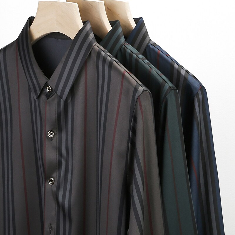 Luxury Silk Shirts Thin Long Sleeve Striped Dress Shirts Men Korean Casual Slim Fit Camisa Masculina C846