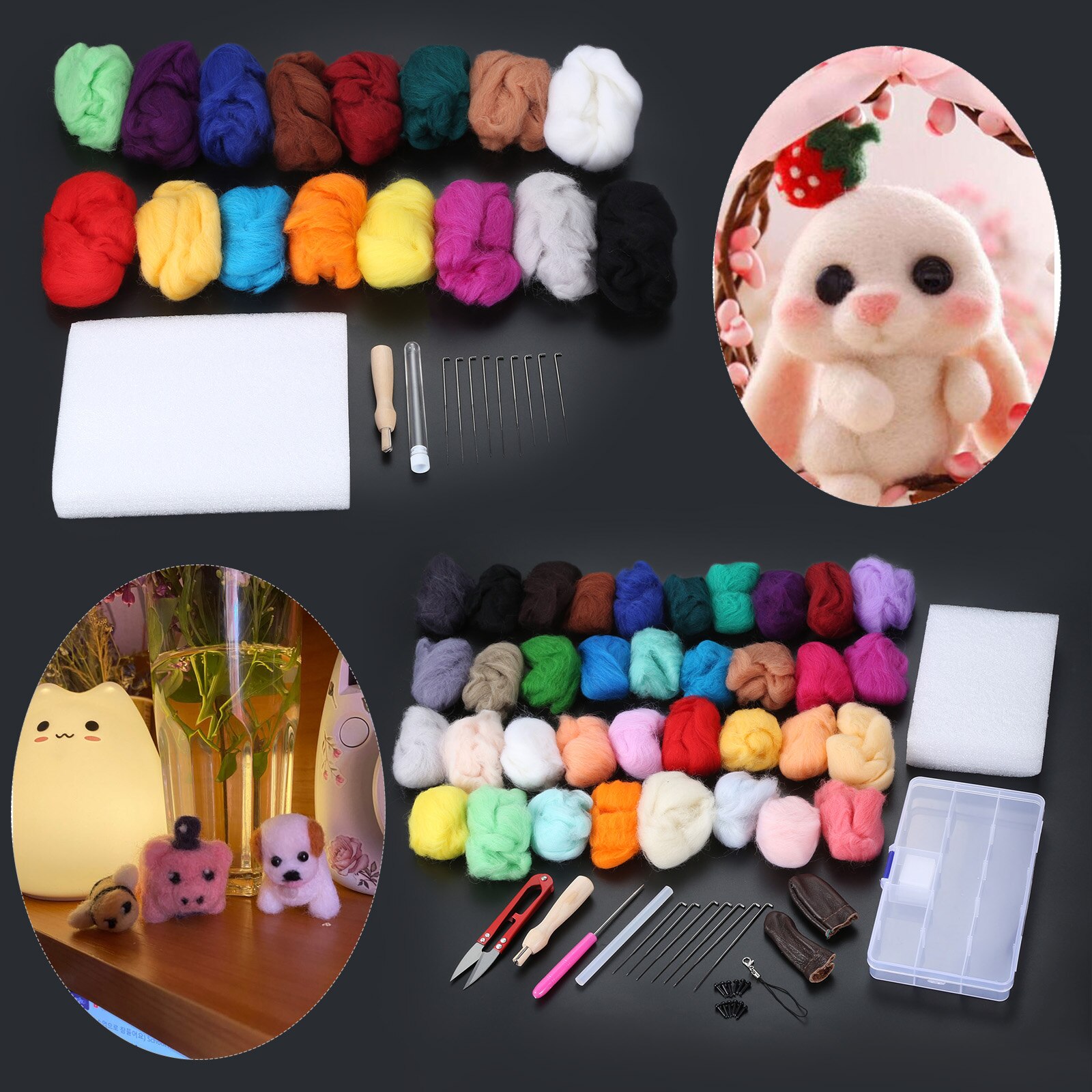 16/32 Colors Roving Wool Set+Felting Tools Felt Kit Foam Cushion Wood Stamp Needle Bottle DIY Toy/Bag/Ornament /Purse Handmade