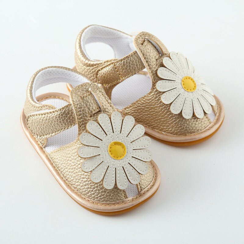 Sød 0-18m baby spædbarn kid pige blød sål blomst sandaler krybbe sko toddler sommer prinsesse solsikke pu sandal sko: Guld / 7-12 måneder