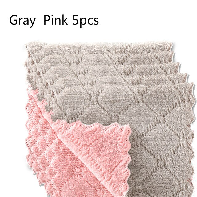 5pcs Rag Cleaning Cloth For Washing Dishs Kitchen Supplies Kitchen Double Side Absorbent Dishcloth Special Soft Kitchen Tool: Gray  Pink 5pcs