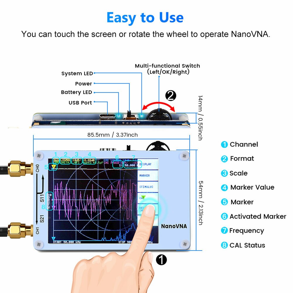 Nano VNA Vector Network Analyzer 50KHz-900MHz Digital Touching Screen Shortwave MF HF VHF UHF Antenna Analyzer Standing Wave