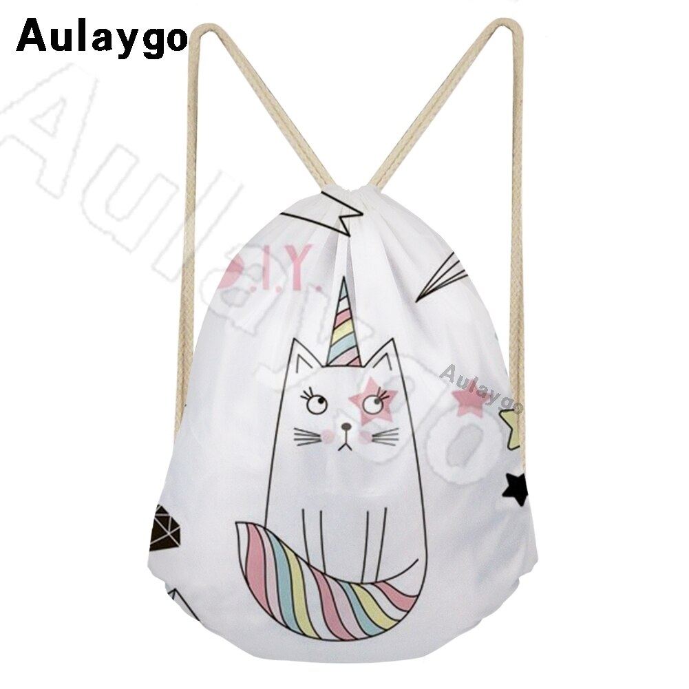 Aulaygo 3d unisex eenvoudige duurzame zwarte rugzak schattige witte kattenprint schoudertas kinderreisschoenen touwtassen rugzakken: Bruin