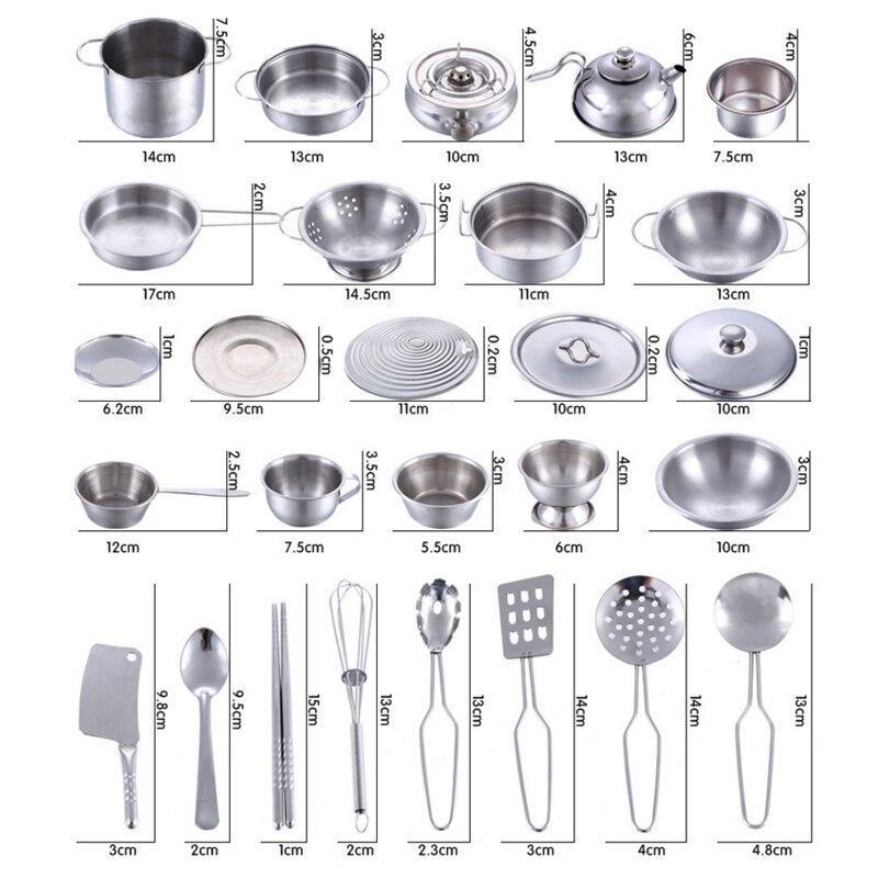 40Pcs Stainless Steel Kids House Kitchen Toy Cooking Cookware Children Pretend & Play Kitchen Playset for Children- Silver