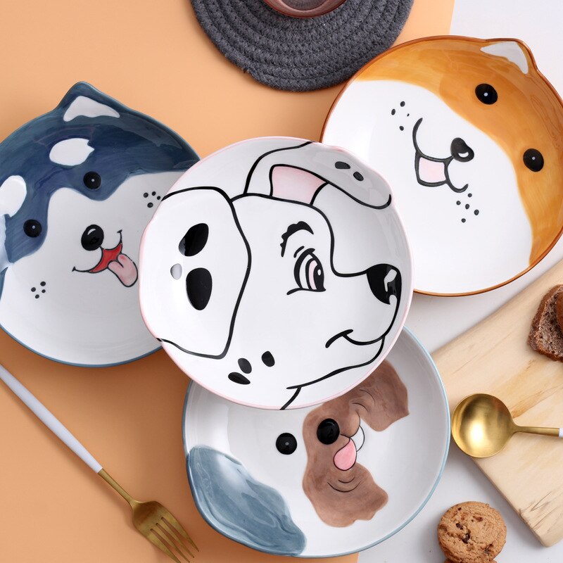 Plato de cerámica superventas, plato de comida para perro, plato de cena de carne pintado a mano de dibujos animados, artículos de mesa plato para cena, de Año