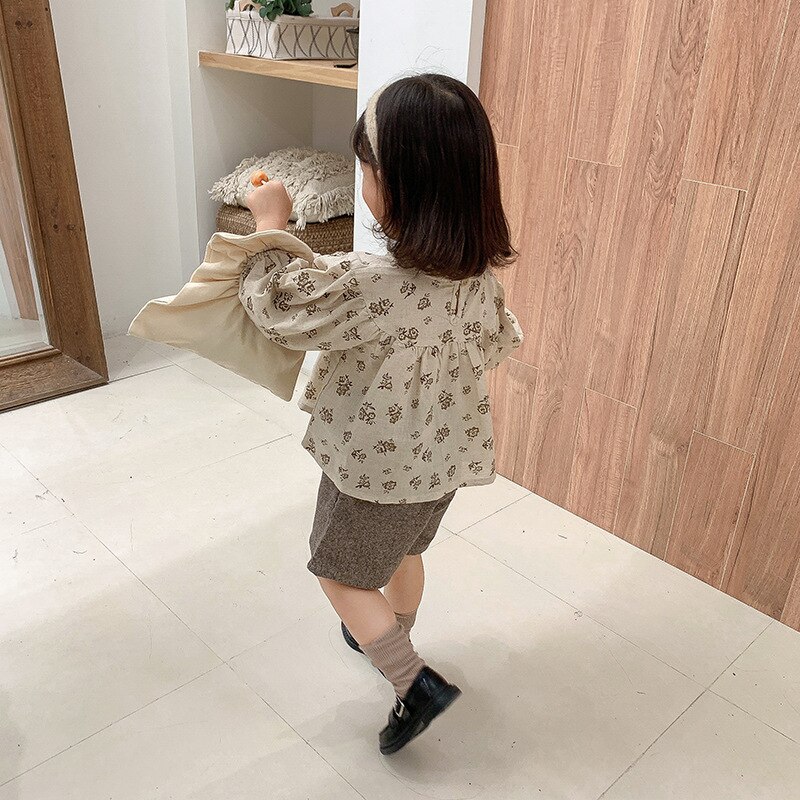Blusa de lino y algodón con estampado floral para niña, blusa holgada de manga larga para otoño,