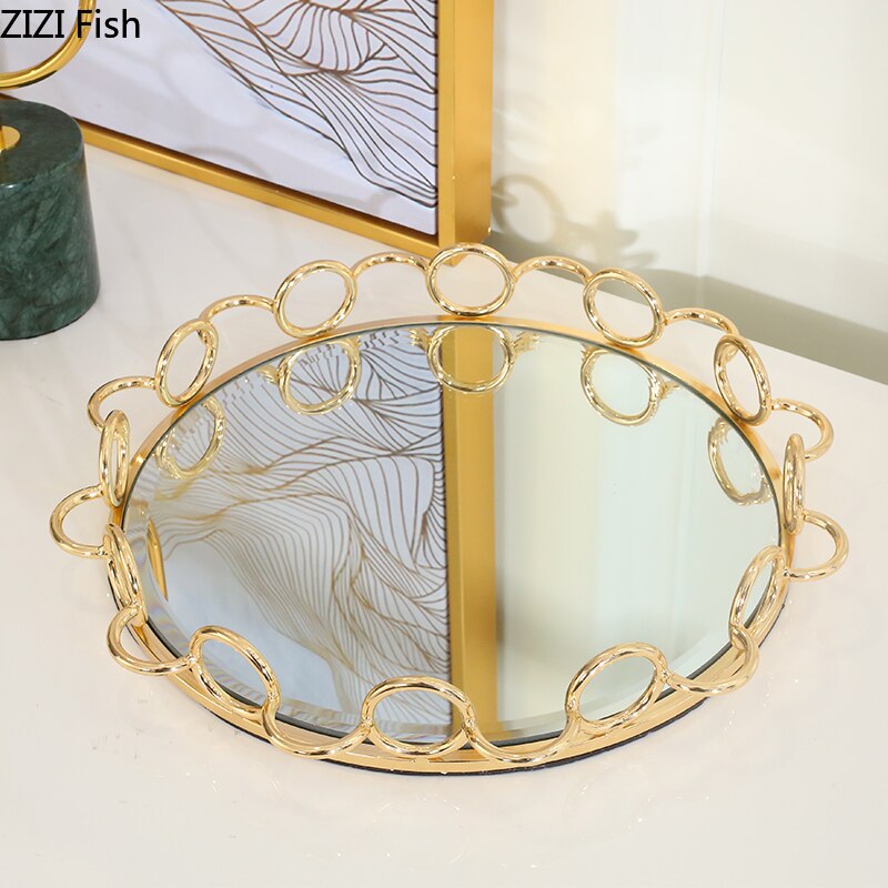 Placa de ouro doces sobremesa bandeja geométrica chapeamento metal vidro espelho prato jóias placas exibição rústico europeu decoração da sua casa
