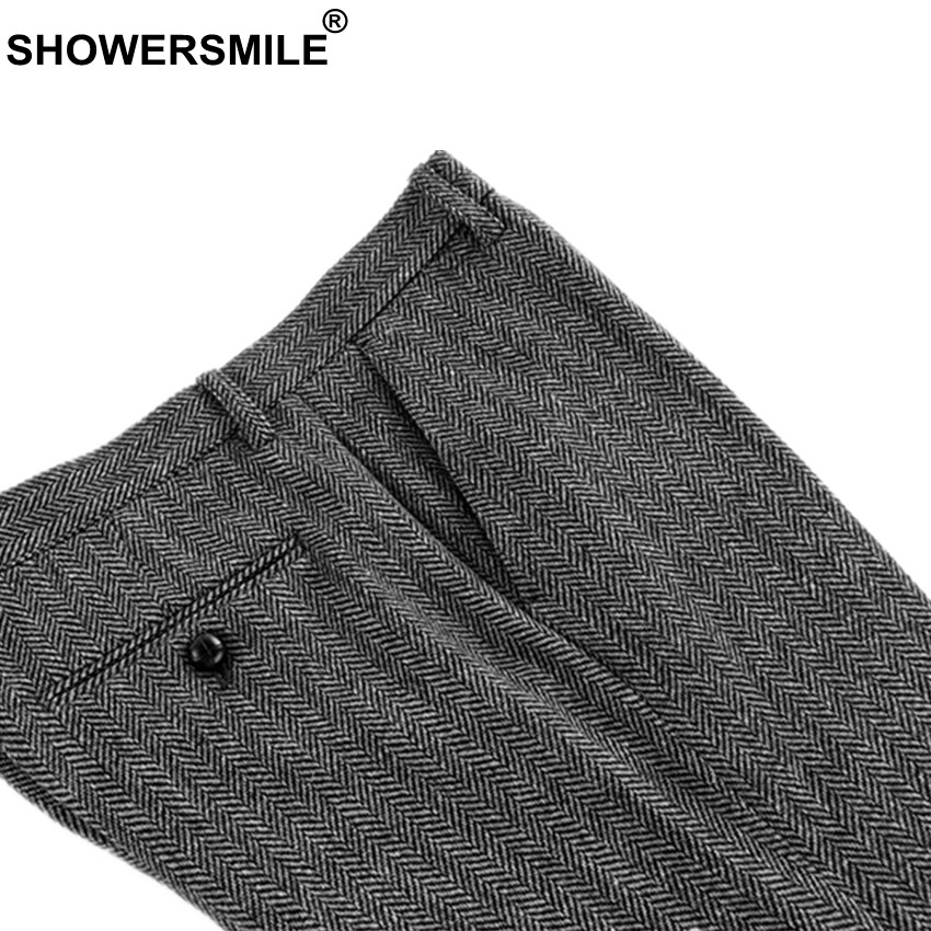 Showersmile herr retro byxor ylle byxor herr business grå fiskbens slim fit klänning byxor tweed ylle kläder england stil