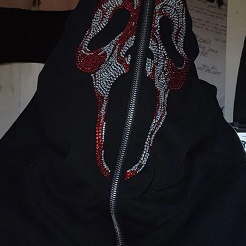 Otoño Punk Y2k gótico Grunge diamantes de imitación dientes Zip Up sudaderas con capucha de manga larga abrigo sudadera chaqueta ropa de calle
