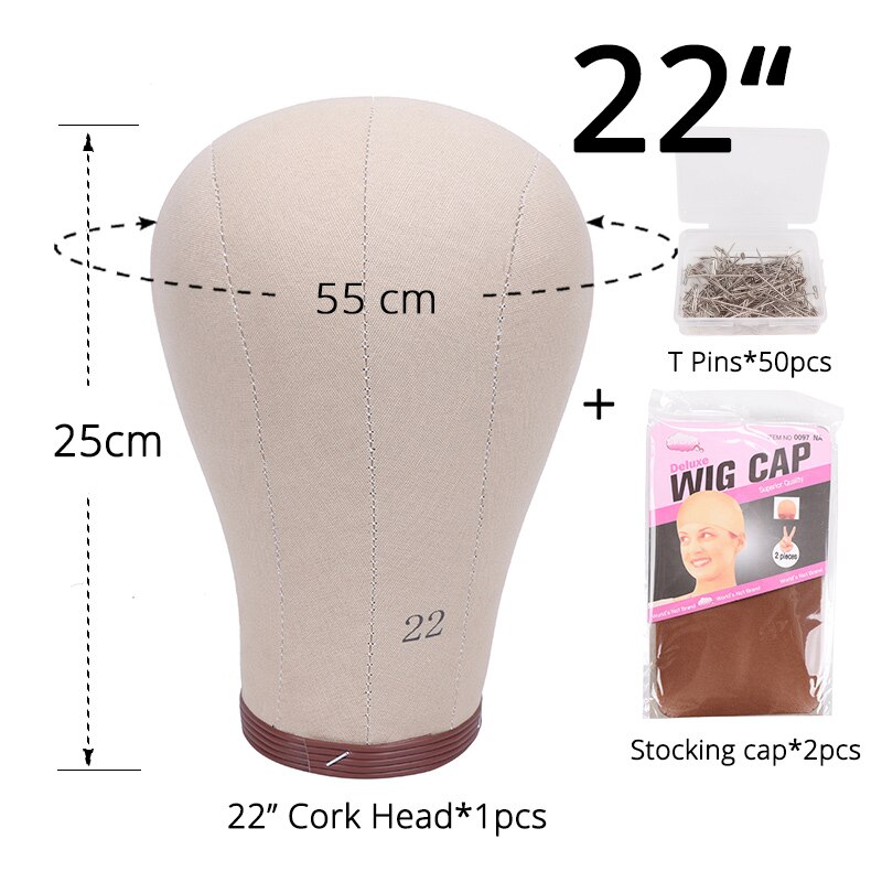 Cabeza de corcho 100% para pelucas, cabeza de maniquíes sin costuras para entrenamiento de peluquería, cabeza de bloque de lienzo de 21-24 pulgadas: 22