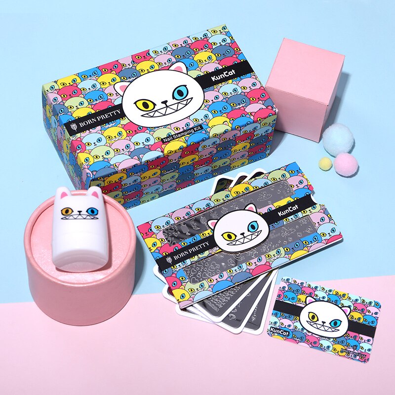 Geboren Pretty & Kuncat Ondertekend Gezamenlijk Nail Stamping Set Stempelen Plaat Leuke Kat Stempel Template Nagels Stamper Schraper Nail Art gereedschap