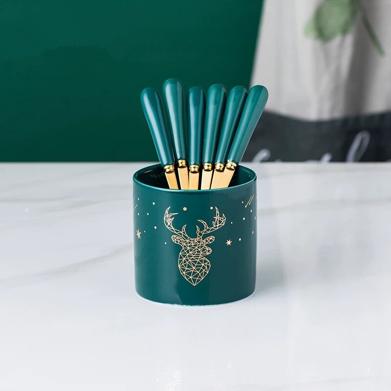 Nordic Ceramic Stainless Steel Fruit Fork Storage Tube Dessert Fork Cake Fork Fruit Fork Storage Pot Living Room Fruit Fork Set: 6 forks pot 5