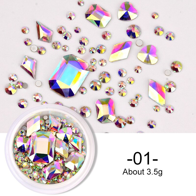 1 Box Nail Strass Ab Kleur Platte Terug Bottom Bling Crystal Mixed Size Vorm Gems Kralen Kleurrijke 3D Nail Art decoraties: 01