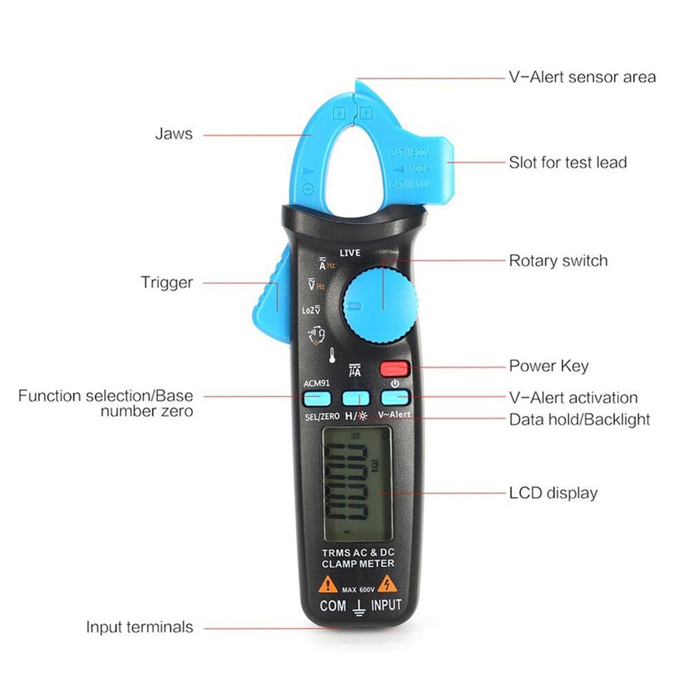 ACM91 Digital Clamp Meter True-RMS DC AC Current 100A 1mA Accuracy Ammeter Auto Range Multimeter Voltmeter DMM Tester: Blue