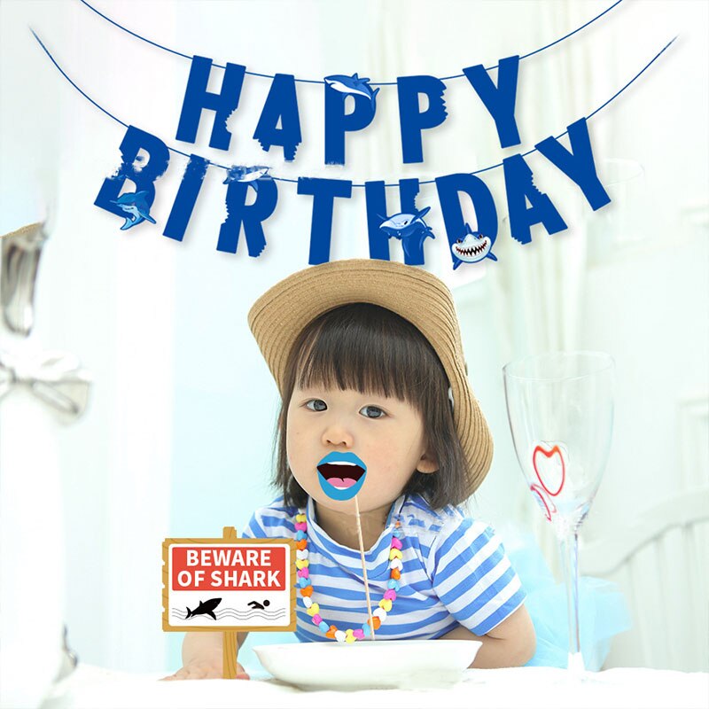 Accesorios de fotomatón de cumpleaños con temática de tiburón para adultos, niños y bebés, decoración de de feliz cumpleaños, accesorios de grabación de cámara, 25 piezas