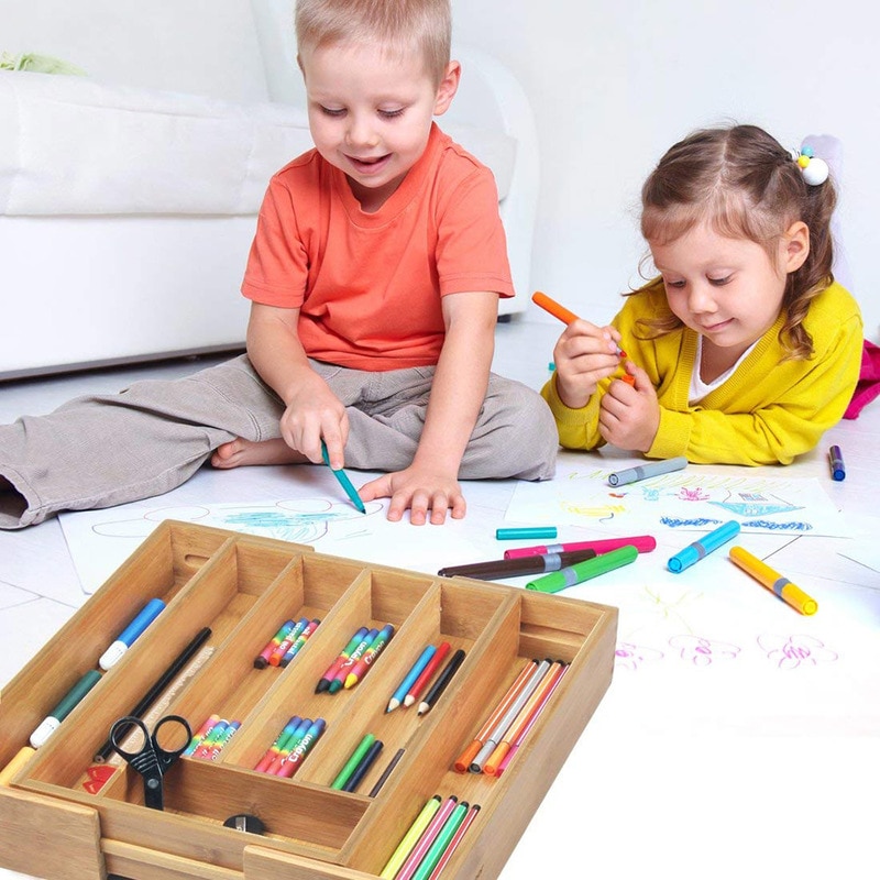 7-grids Kitchen Cutlery Storage Box Expandable Groceries Tray Bamboo Tools Drawer Organizer Multifunctional Cutlery Holder