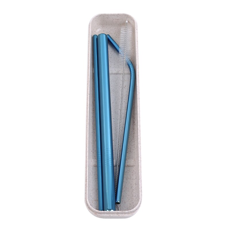 4 unids/set pajitas de acero inoxidable con cepillo limpiador pajitas de Metal reutilizables pajita de zumo portátil de 5 colores con cepillo limpio: blue