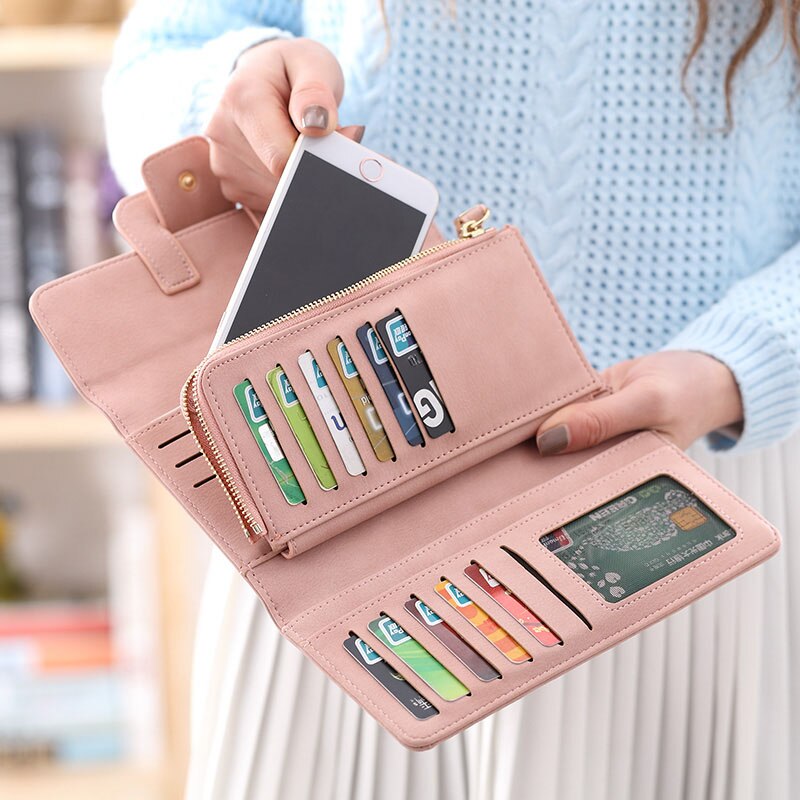 Casual Long Wallet Women Purse Card Holder Clutch Cell Phone Wallet Ladies Retro Matte Leather Hasp Coin Purse Carteira Feminina