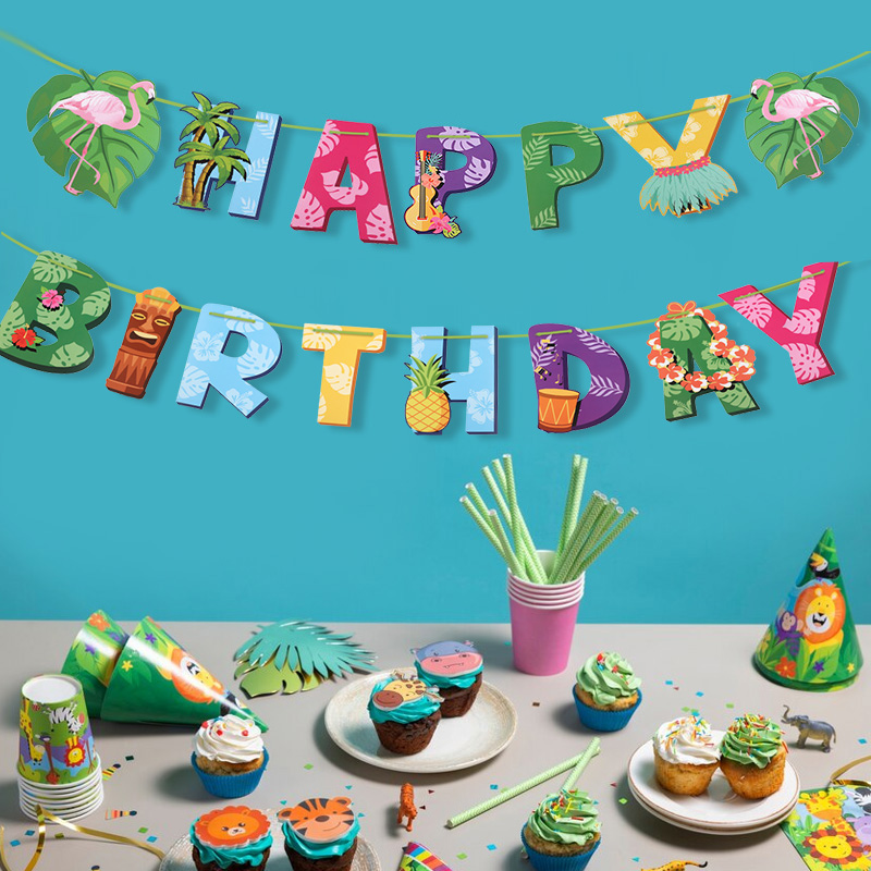 Decoración de hawaiana, guirnalda de feliz cumpleaños, cartel de piña y flamenco de dibujos animados, adornos para pastel, decoración de de boda Luau de verano