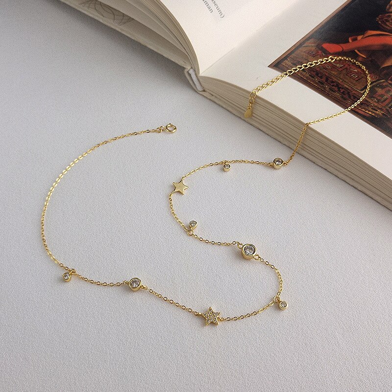 Silvology 925 sterlina d'argento Rotonda perlina Zircone stella Collana in Oro mini Romantico Struttura Elegante Femminile Del girocollo Della Collana Dei Monili