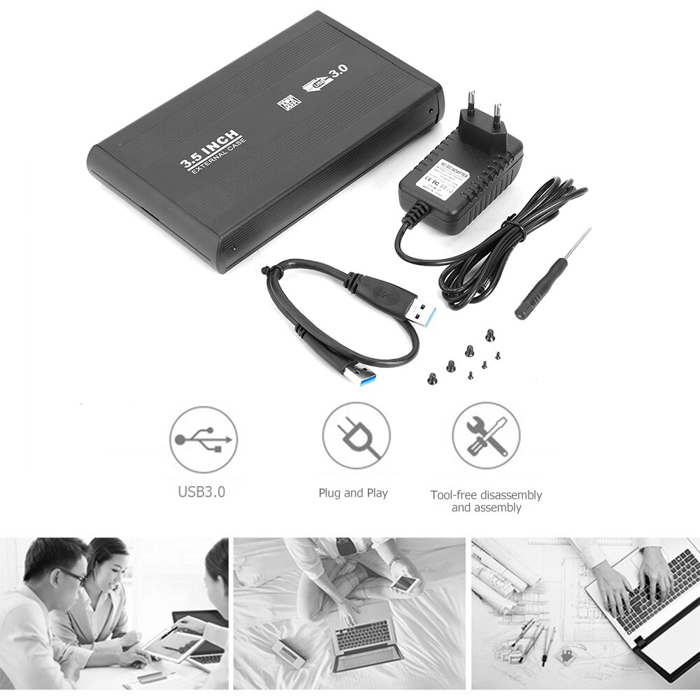 Caja para 3.5in discos duros sata a usb 3.0, carcasa de aleación de aluminio para hdd, enchufe ue/ee. uu., carcasa para disco duro externo con cable usb para computadora: Enchufe de la ue